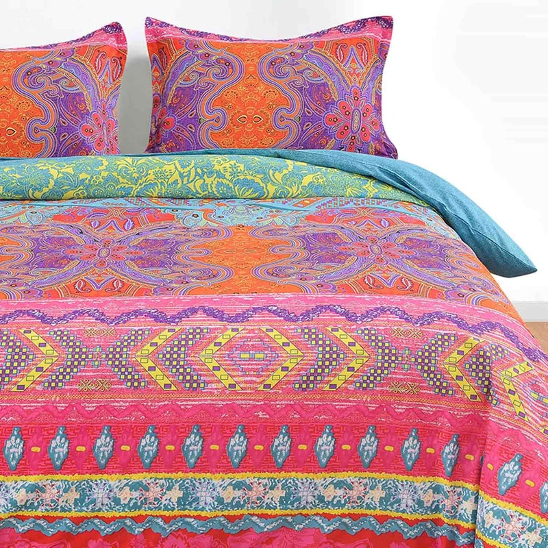 NANKO Queen Duvet Cover Set Boho Red and Green Colorful Vintage Striped Print 3pc 90 x 90 Luxury Soft Microfiber Down Comforter Quilt Bedding Cover with Zipper Ties - Bohemian Exotic for Men and Women - Image 4